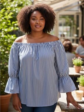 FA CONCELPT Striped Off-Shoulder Peasant Top - Blue/White size 8